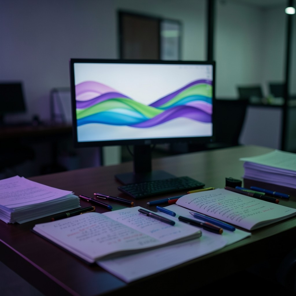 Editorial workspace with notebooks and soft gradient lighting in purple and green tones