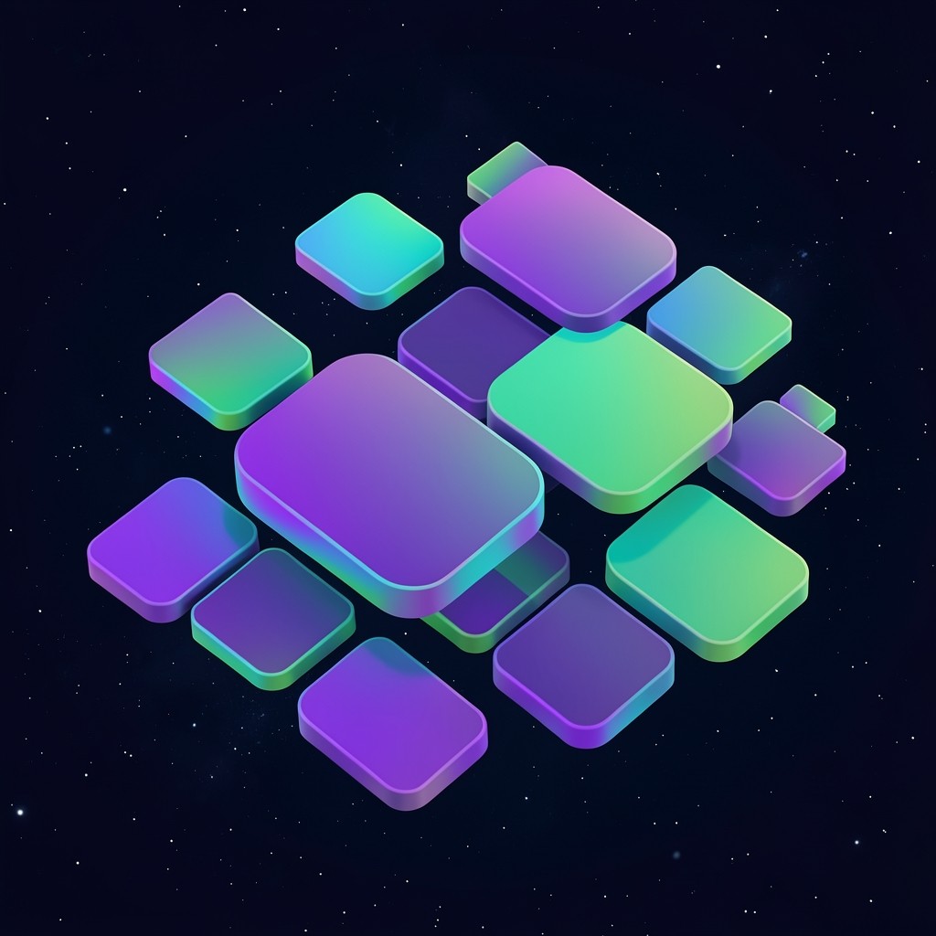 Cluster of abstract app tiles floating in space with gradient borders on dark navy background