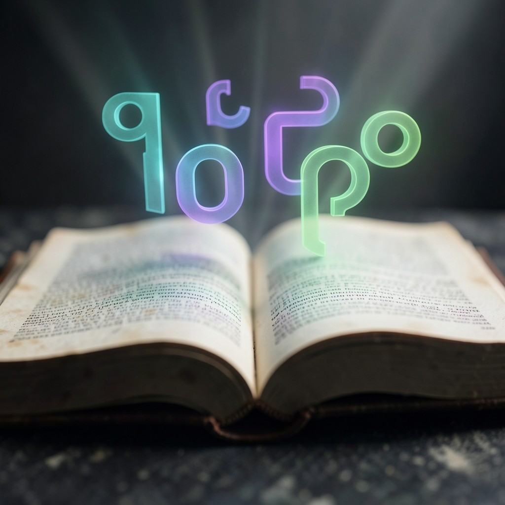 Open book with abstract holographic letters floating above pages in teal and violet light