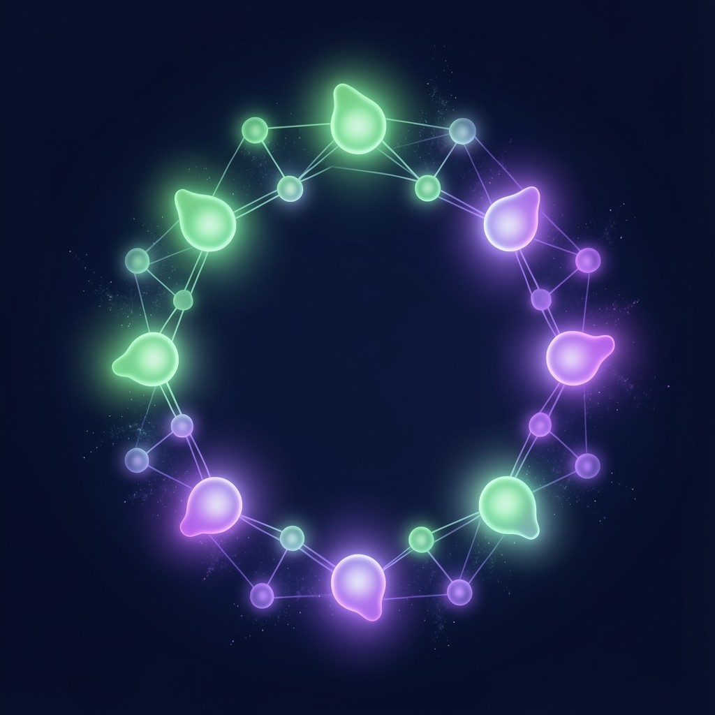 Abstract circular nodes connected in a ring with green and purple gradient glow