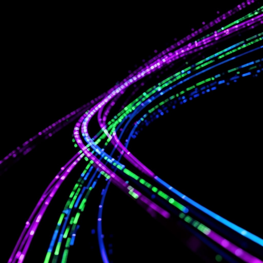 Abstract flow of light particles moving along curved paths suggesting data transmission