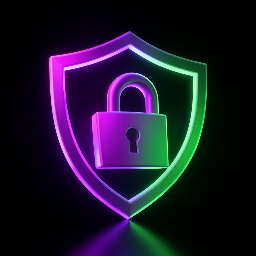 Secure digital vault concept with glowing lock symbol and gradient purple green lighting