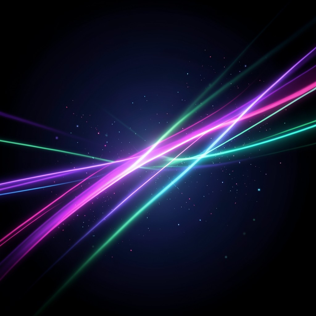Abstract flowing light trails in purple green and cyan on a dark background evoking network motion