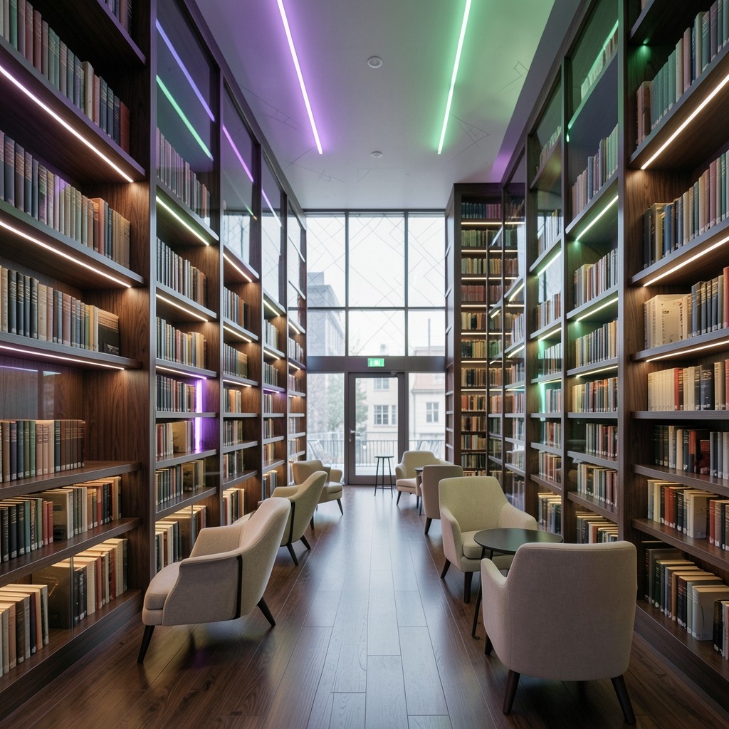 Library shelves with soft neon gradient light filtering through creating a futuristic study atmosphere