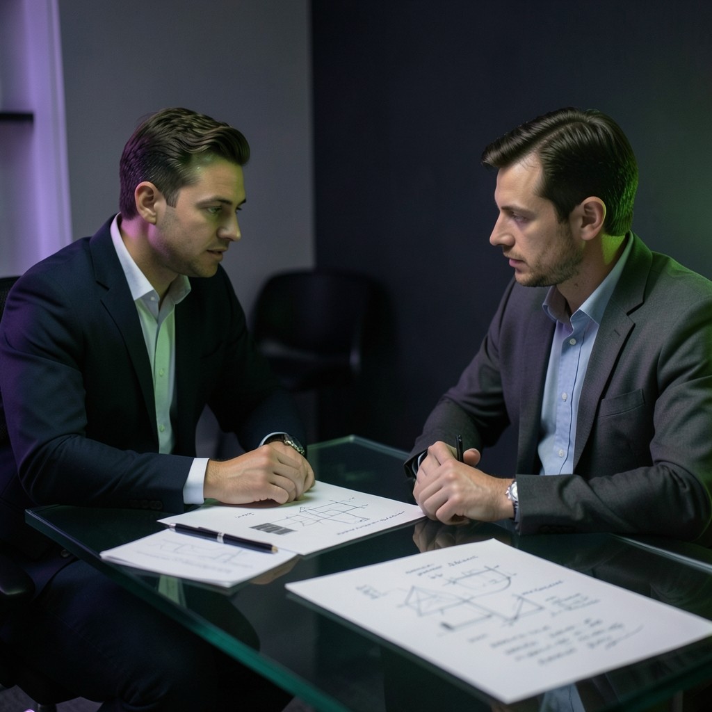 Two people reviewing documents at a desk with soft purple and green ambient lighting