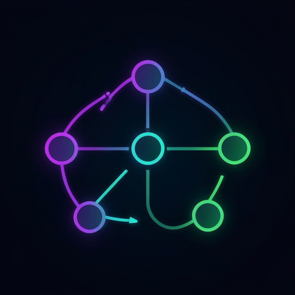 Abstract diagram of connected nodes with purple and teal gradient lines on dark background