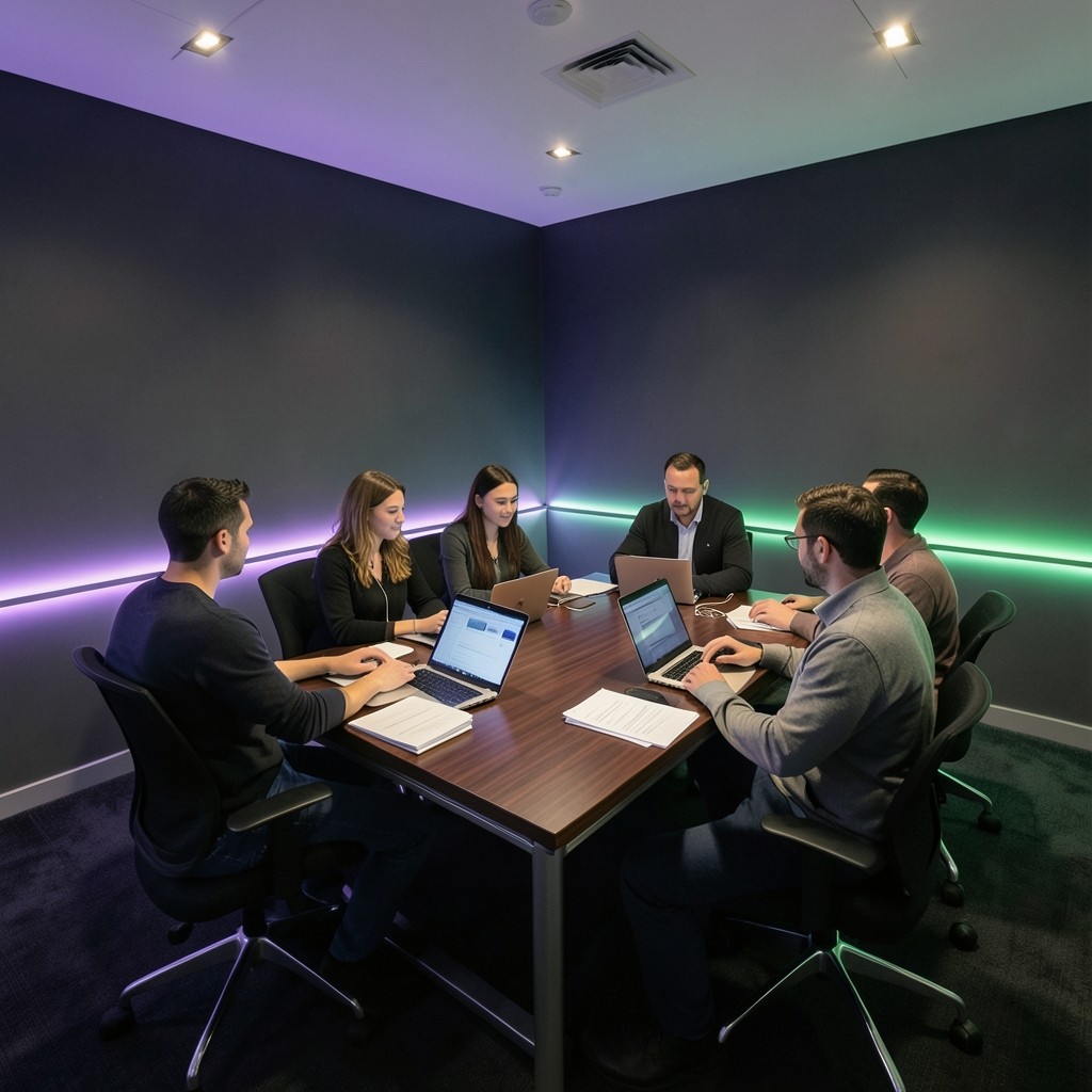 Small group seated in a modern room with gradient light accents discussing around a table